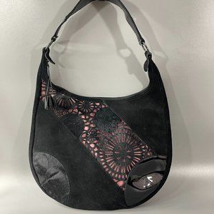 Longchamp Limited Edition Black Suede, Patent Leather, & Fur Cut-out Floral Hobo